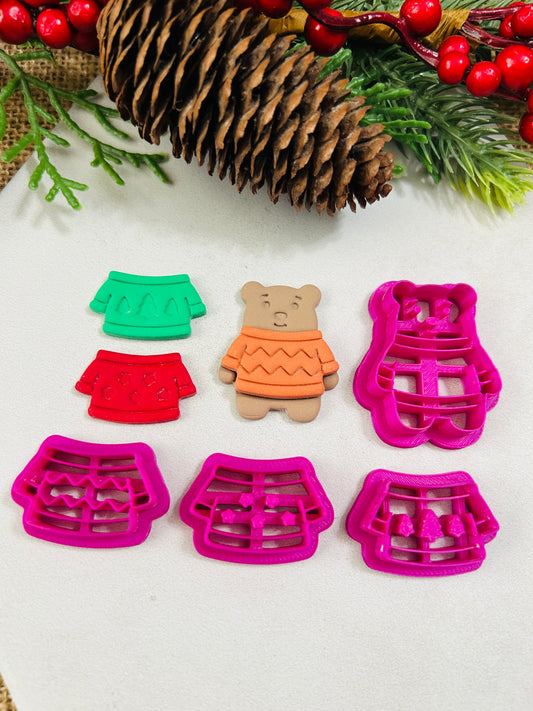 4pc Dress Up Bear In Sweaters Polymer Clay Cutter Set 3 Sizes You Choose