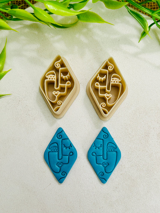 2pc Abstract Artsy Ladies Diamond Face Imprint Polymer Clay Cutter 6 Sizes YOU CHOOSE