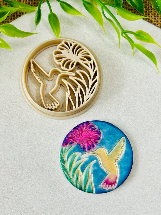 2pc Hummingbird and Flower Round Imprint Polymer Clay Cutter Set