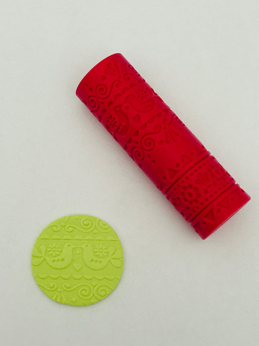 Folk Art Scandinavian Bird Pattern Texture Roller For Polymer Clay