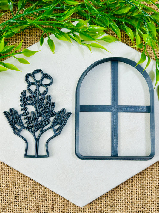 2pc Boho Wildflower Hands Arch Imprint Trinket Dish Coaster Or Wall Hanging Imprinted Polymer Clay Cutter 4 Sizes YOU CHOOSE