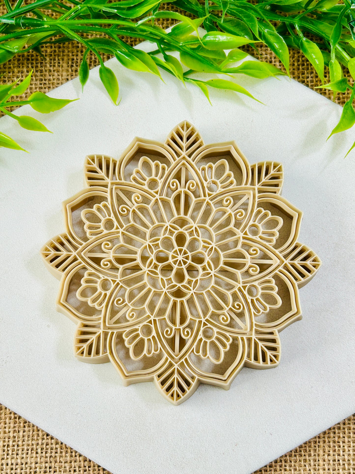 2pc Leafy Floral Mandala Imprint Trinket Dish Coaster Or Wall Hanging Imprinted Polymer Clay Cutter 6 Sizes YOU CHOOSE