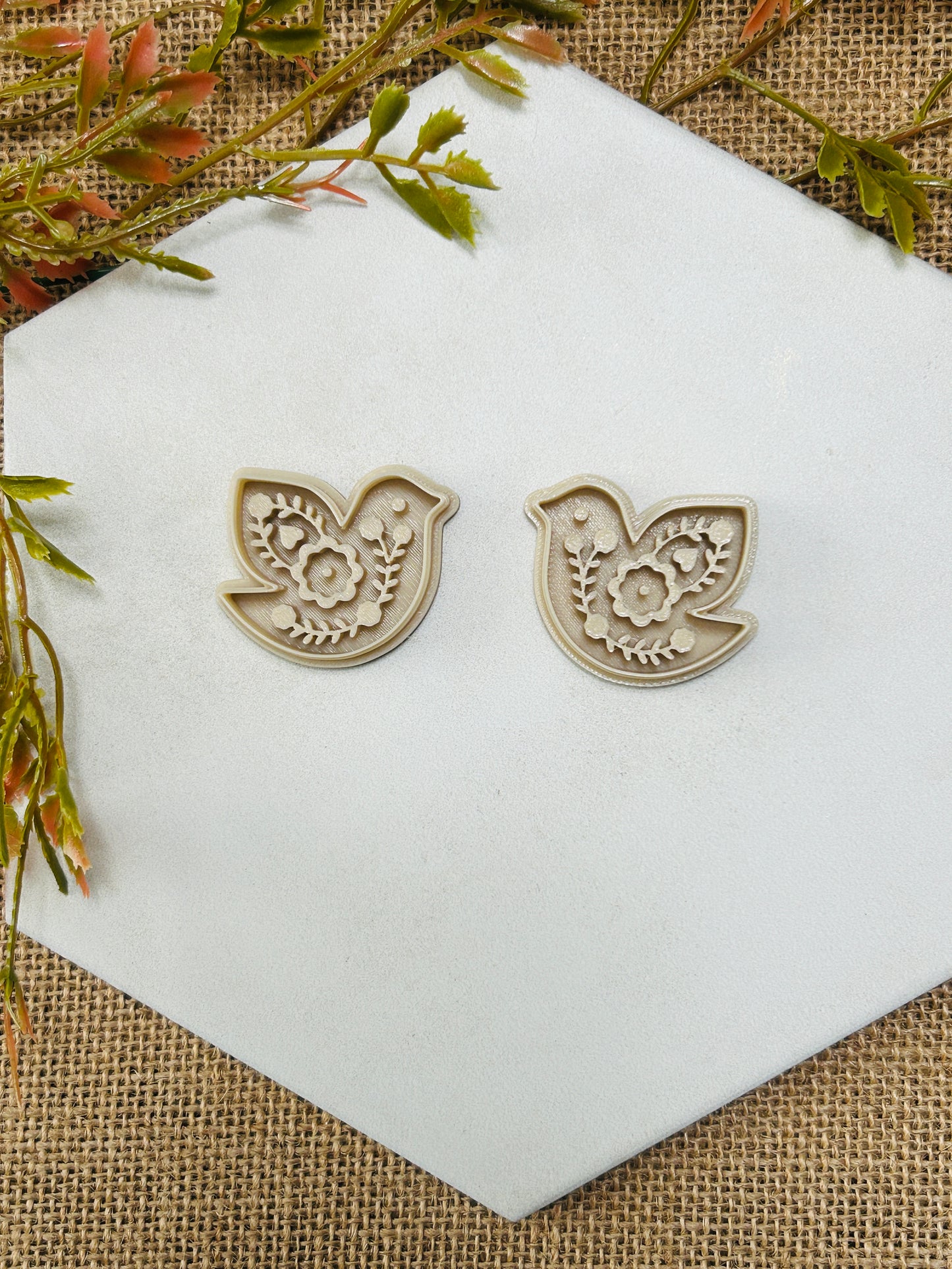 2pc Scandinavian Floral Bird Imprint Polymer Clay Cutter 2 Sizes You Choose