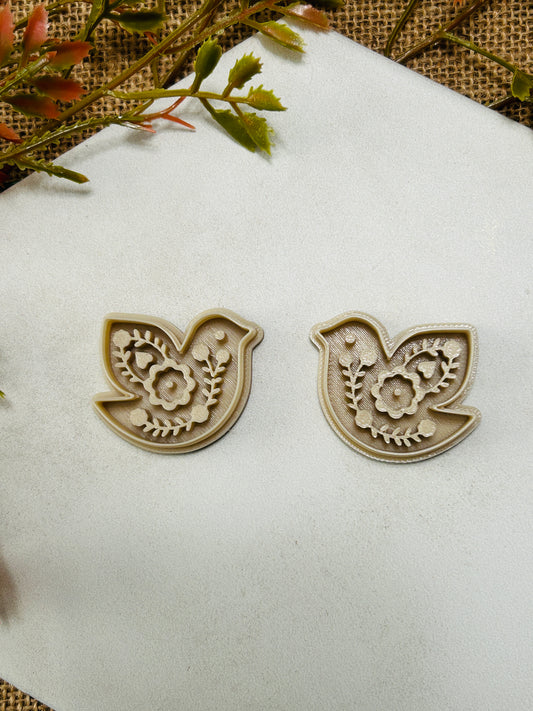 2pc Scandinavian Floral Bird Imprint Polymer Clay Cutter 2 Sizes You Choose