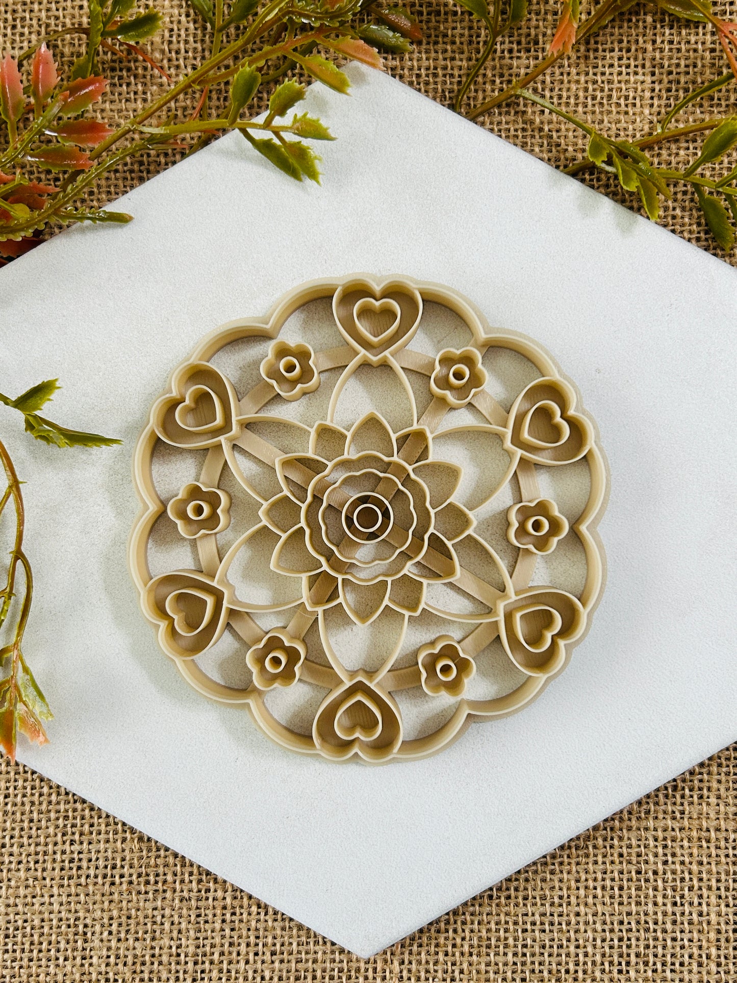 Mandala Hearts and Flowers Trinket Dish Or Wall Hanging Imprinted Polymer Clay Cutter