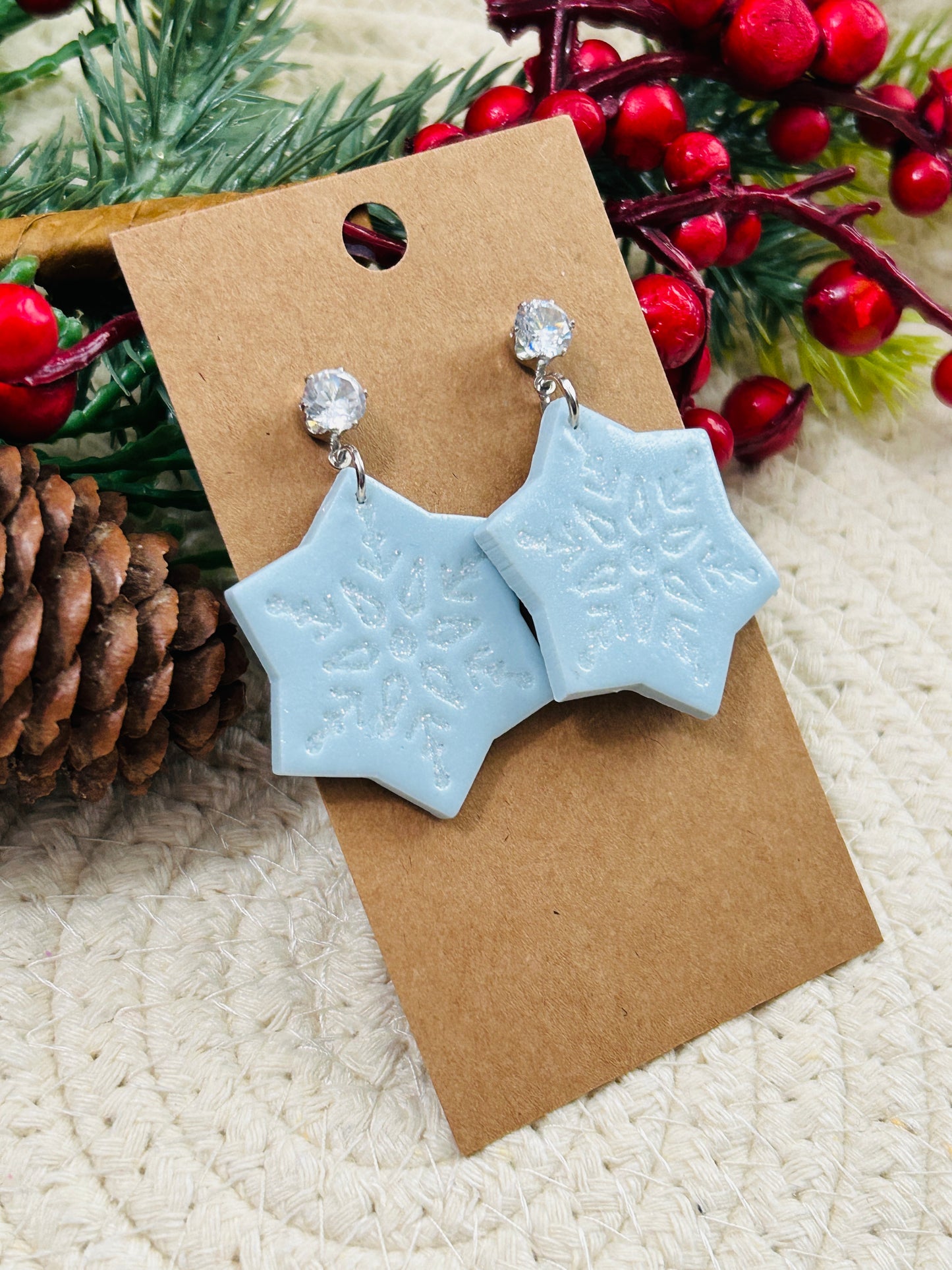 Sugary Pale Blue Snowflake with Crystal Stud Topper Dangle Earrings