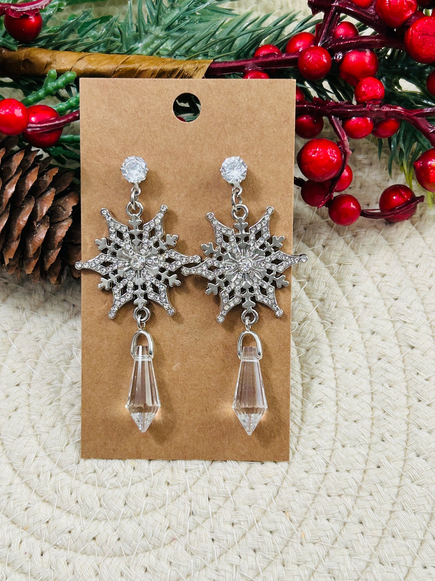 Whimsical Crystal and Rhinestone Snowflake with Icicle Dangle Earrings