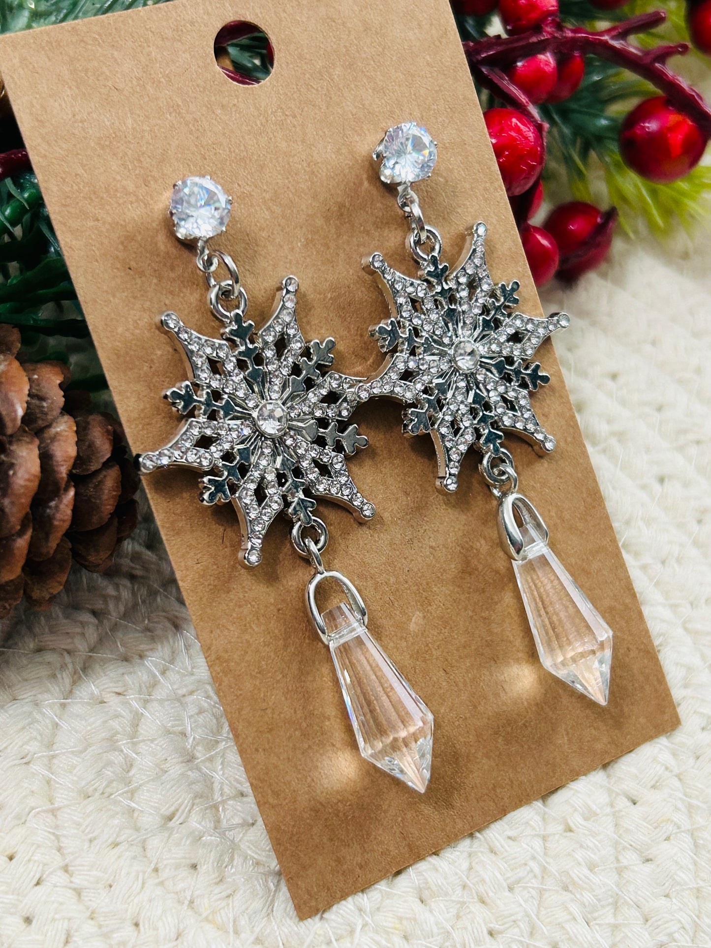 Whimsical Crystal and Rhinestone Snowflake with Icicle Dangle Earrings