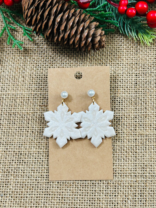 Opal Pearl Shimmer Snowflake with Pearl Stud Topper Dangle Earrings