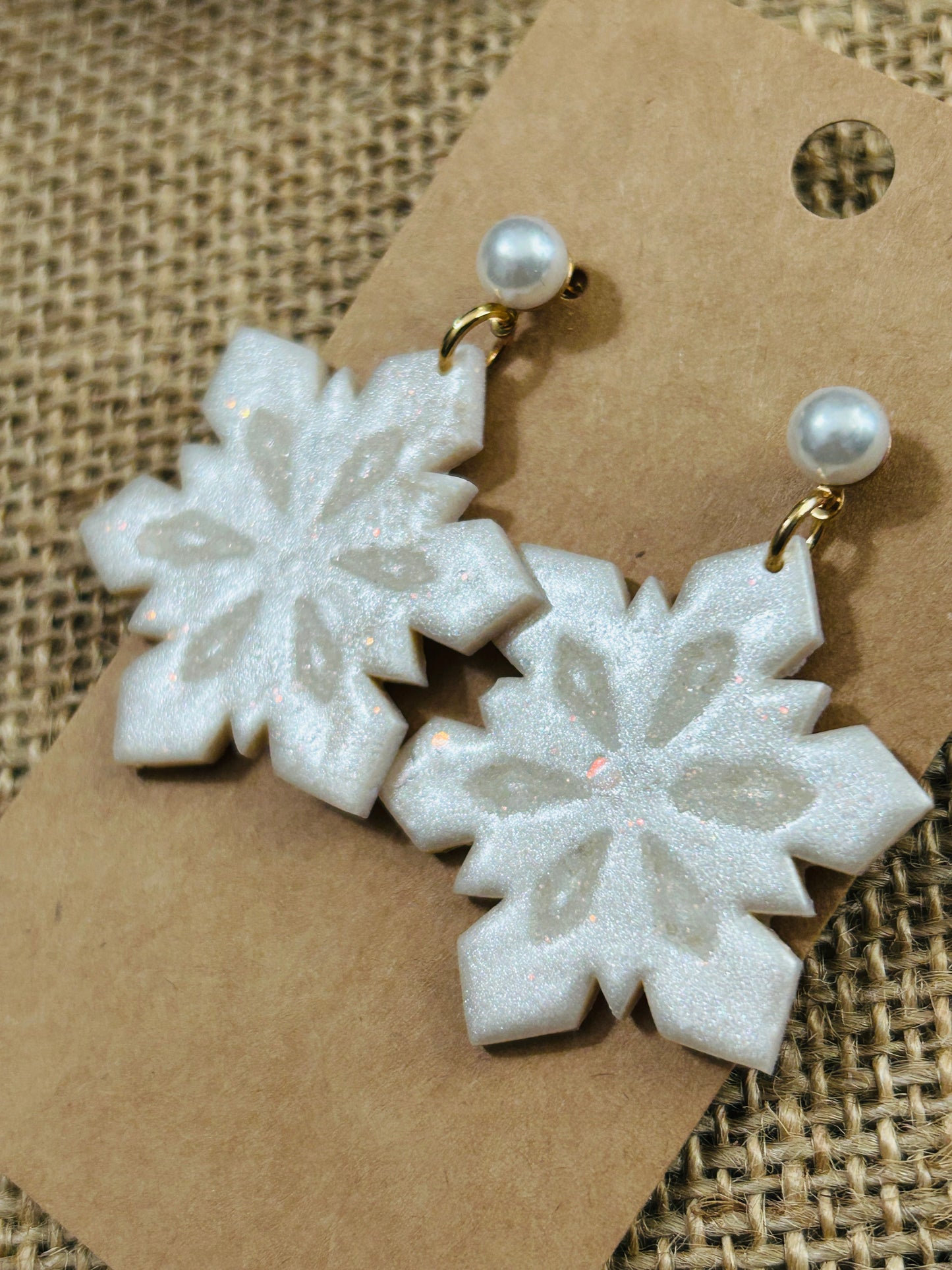 Opal Pearl Shimmer Snowflake with Pearl Stud Topper Dangle Earrings