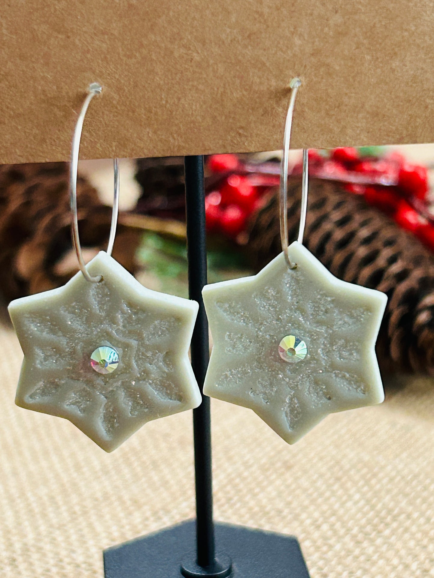 Sugary Pale Pearl Green Snowflake Hoop Earrings With Rhinestone Accents