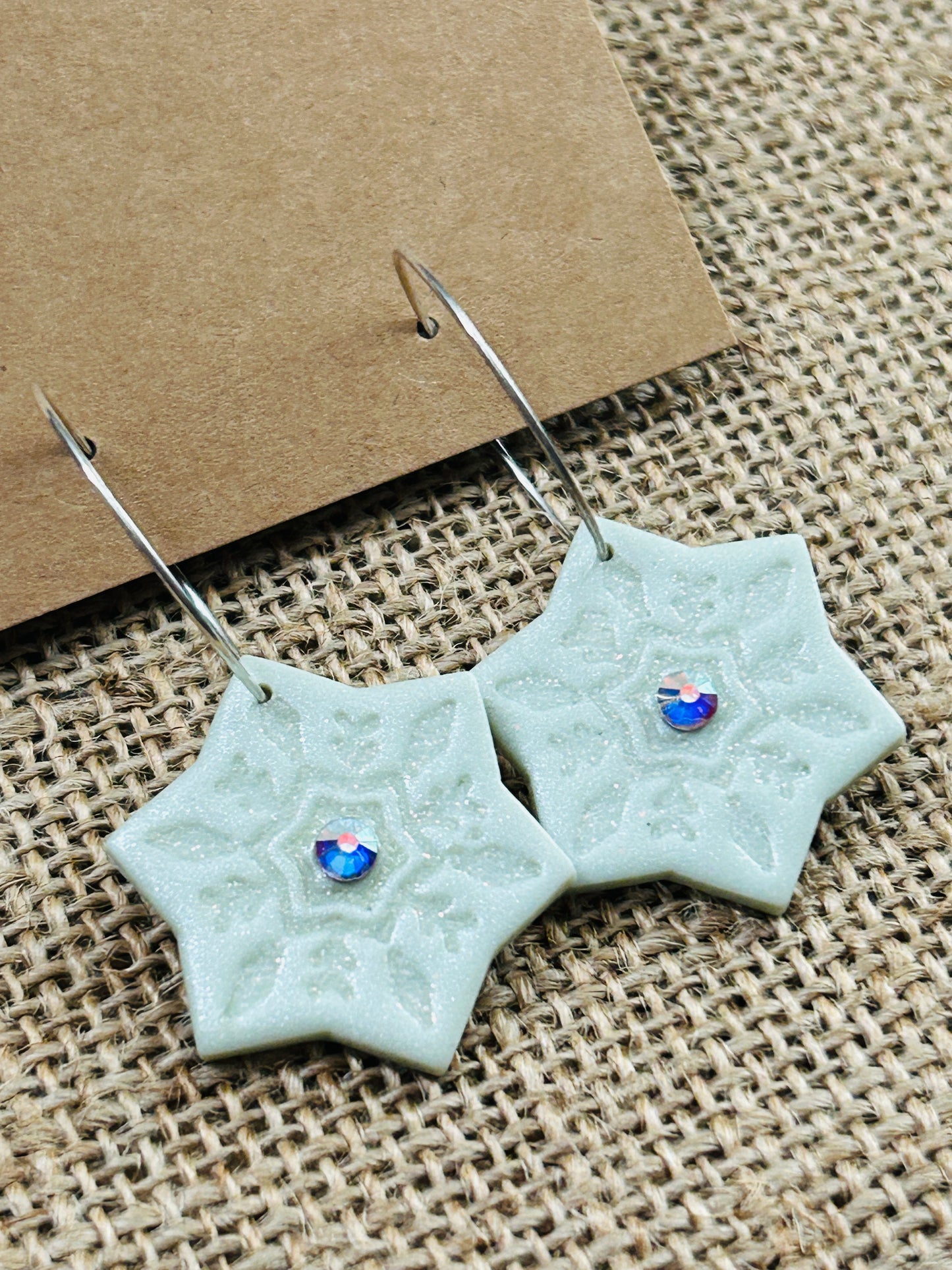 Sugary Pale Pearl Green Snowflake Hoop Earrings With Rhinestone Accents