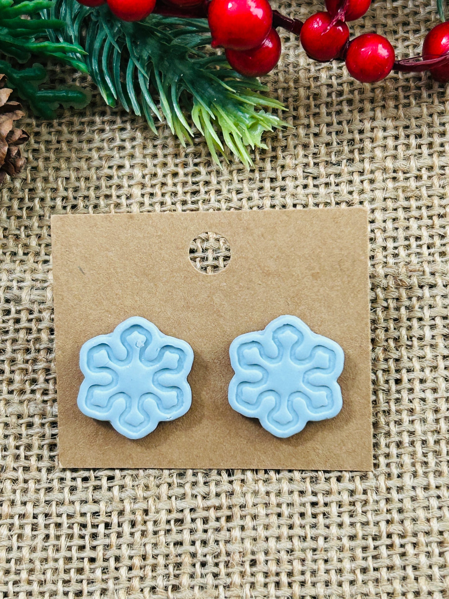 Pale Blue Shimmer Snowflake Polymer Clay Stud Earrings