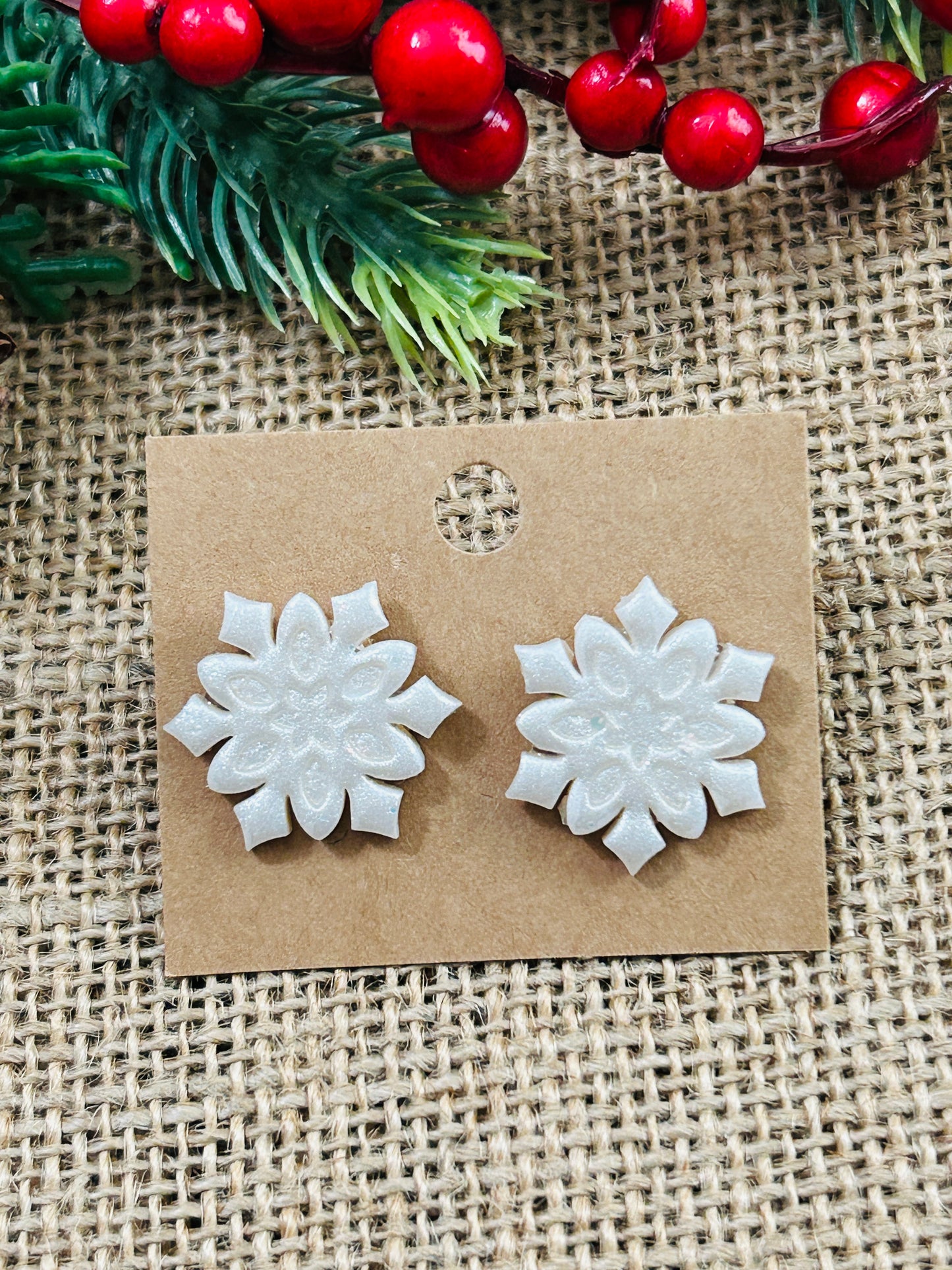 Glittery White Shimmer Snowflake Polymer Clay Stud Earrings