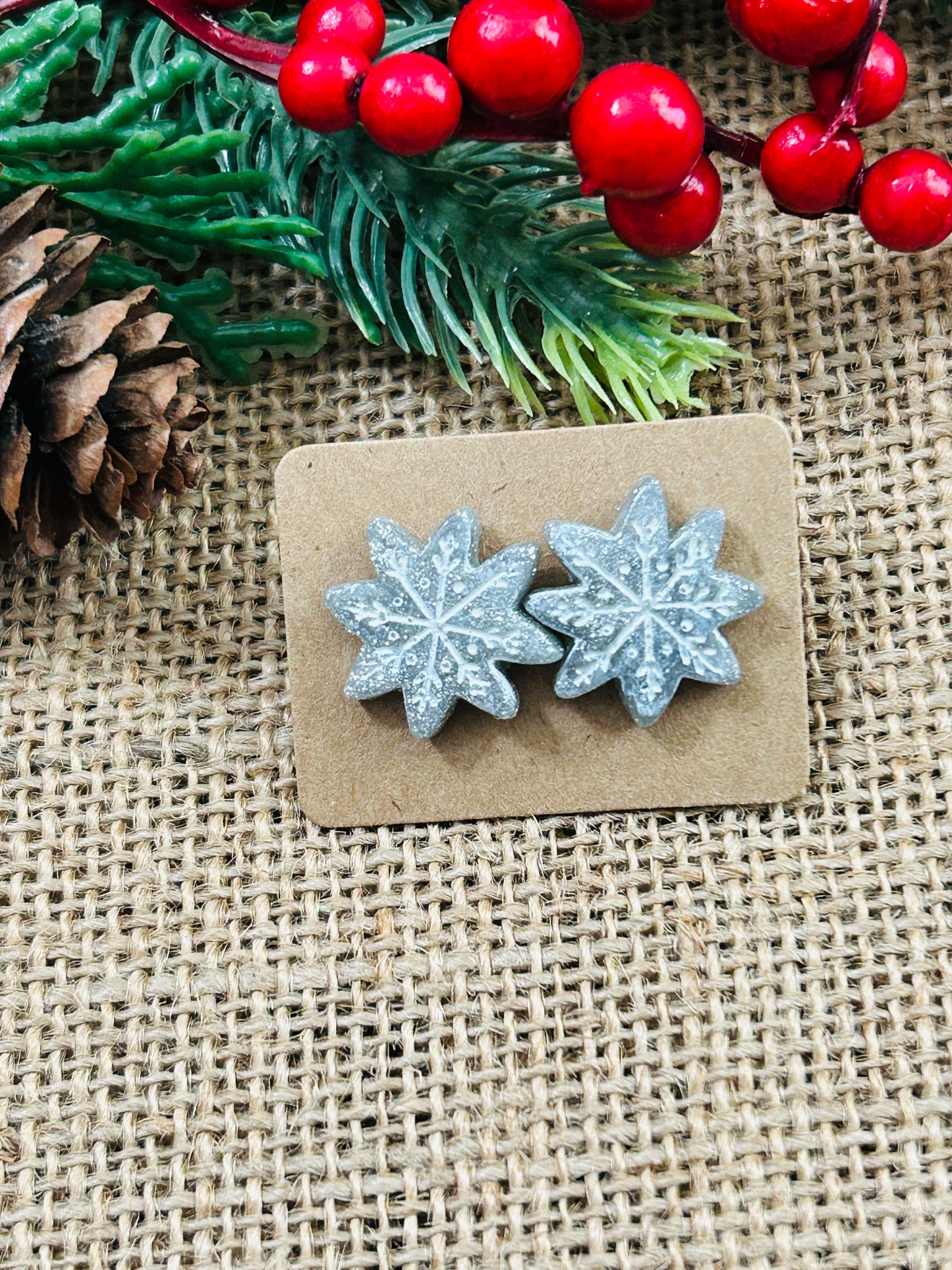 Scandinavian Snowflake Polymer Clay Stud Earrings 2 Colors YOU CHOOSE