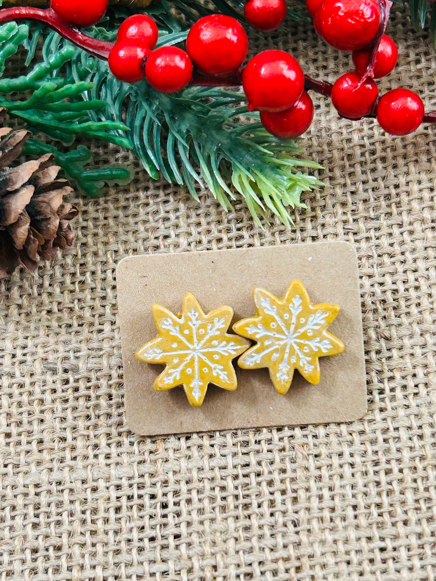 Scandinavian Snowflake Polymer Clay Stud Earrings 2 Colors YOU CHOOSE