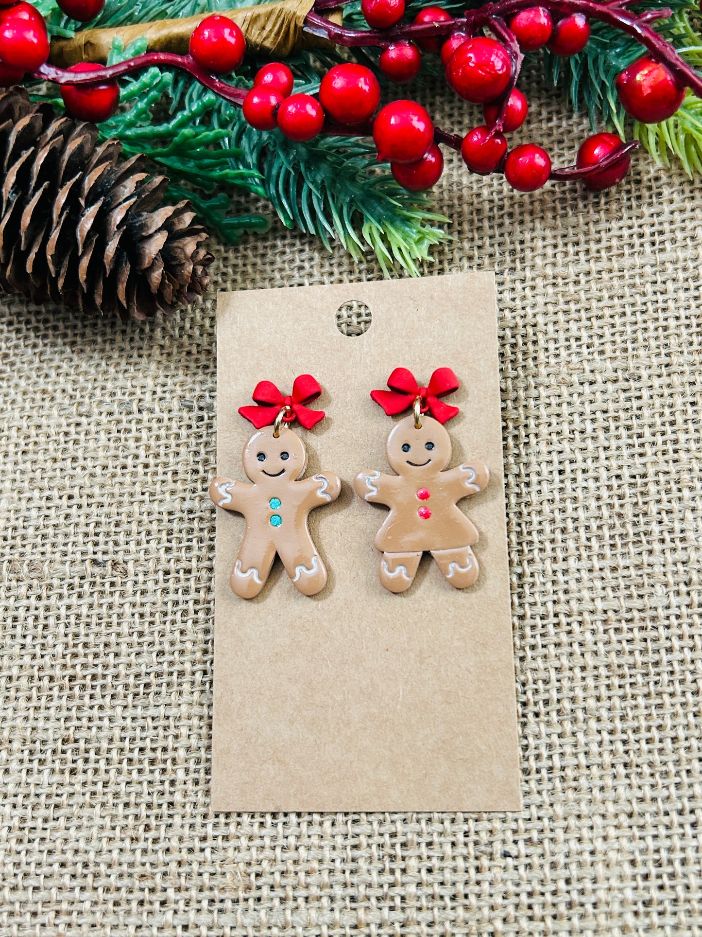 Sweet Gingerbread Cookie Couple With Bow Stud Topper Dangle Earrings