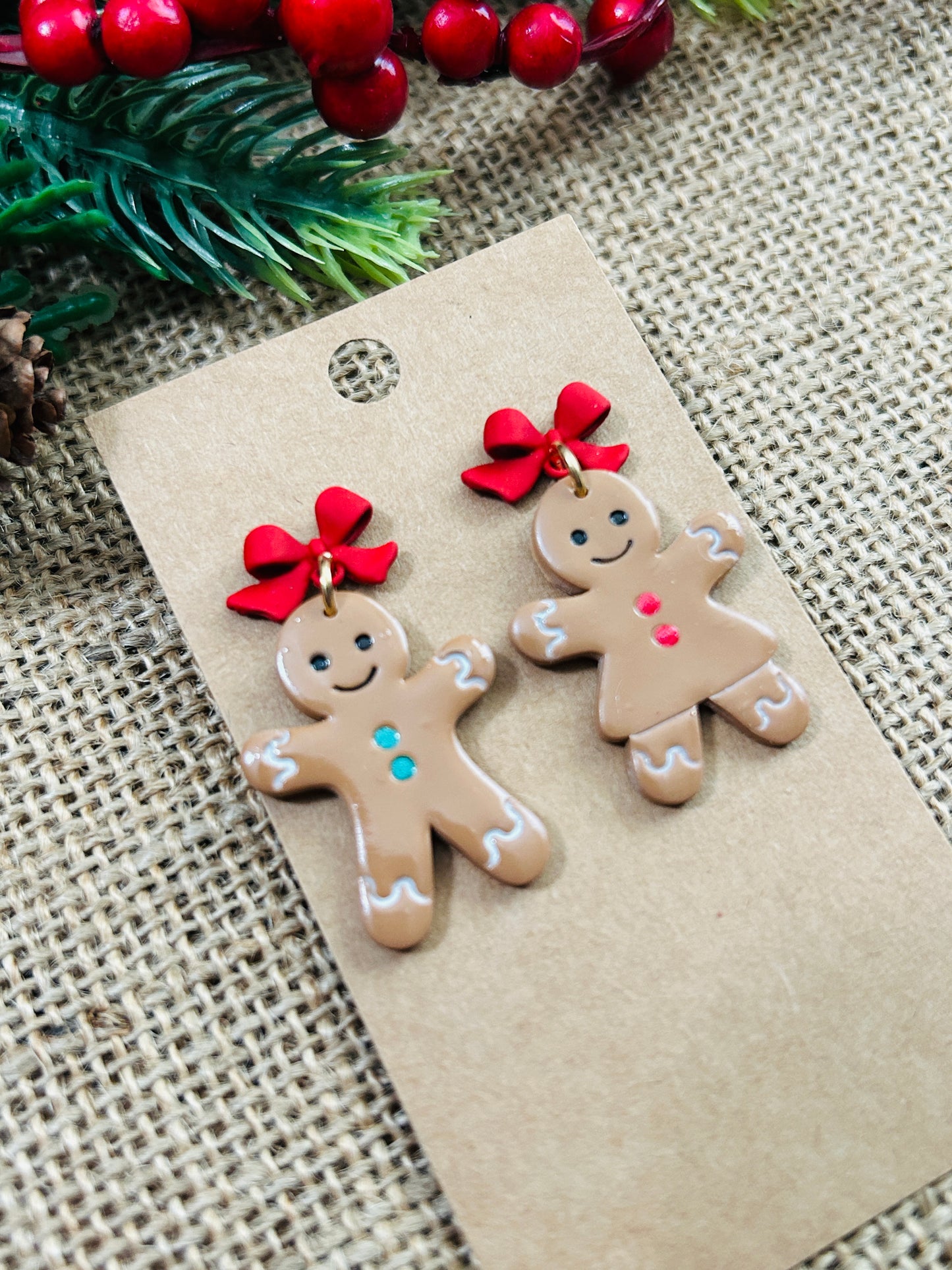 Sweet Gingerbread Cookie Couple With Bow Stud Topper Dangle Earrings