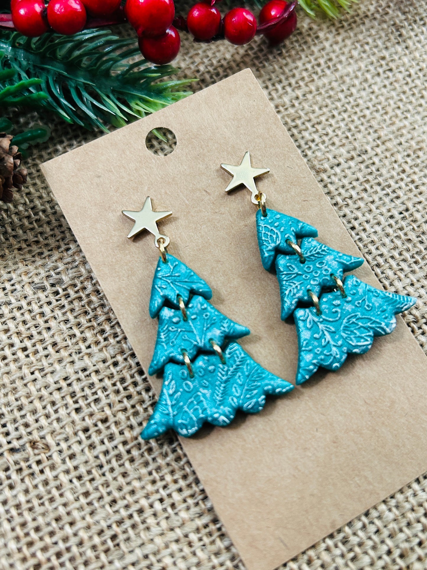 Tiered Wintery Pine Christmas Tree With Gold Star Stud Topper Dangle Earrings