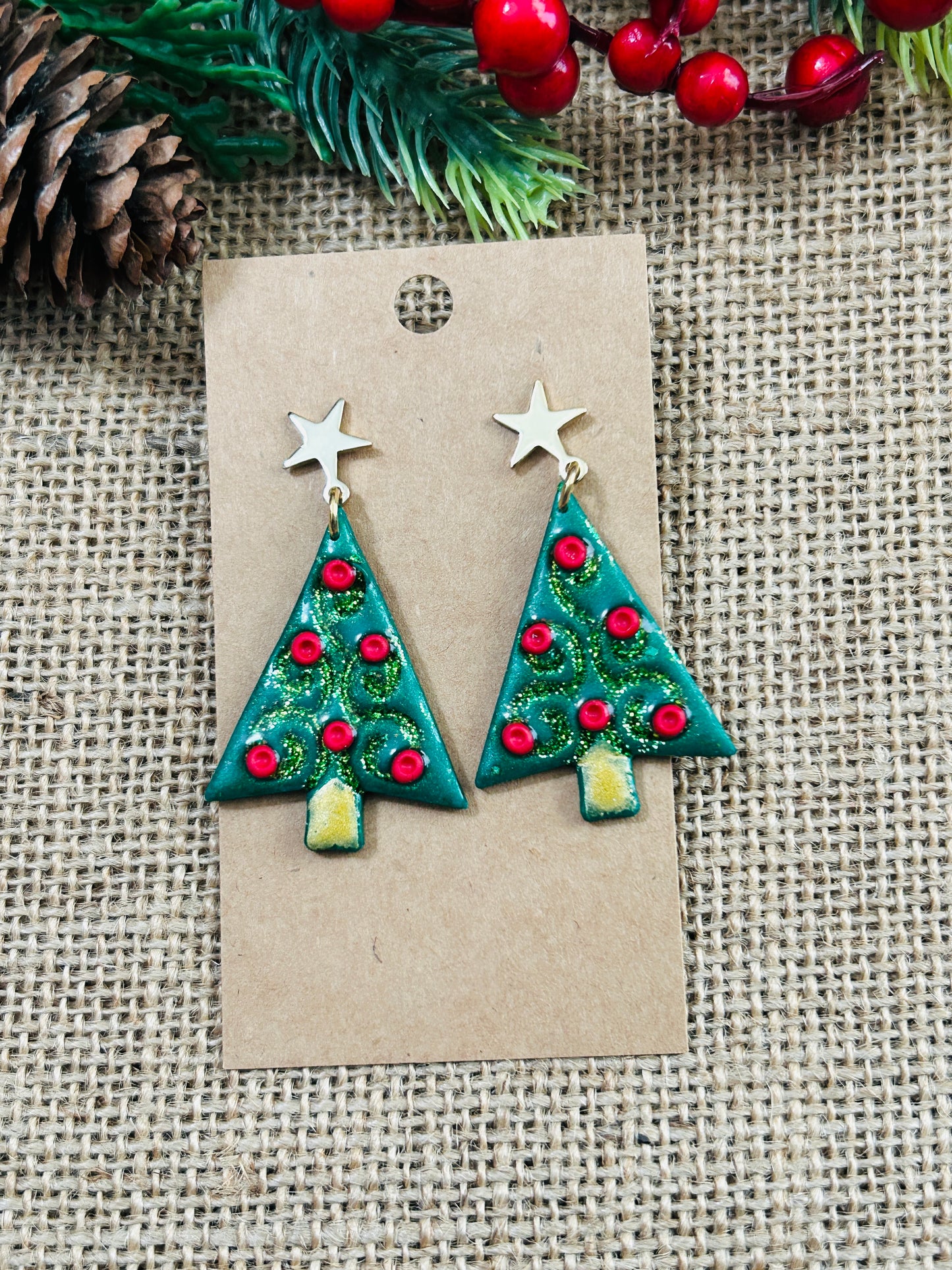 Glittery Green Swirly Christmas Tree With Gold Star Stud Topper Dangle Earrings