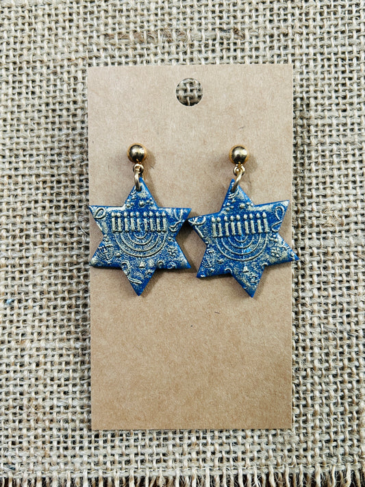 Metallic Blue and Pale Gold Menorah Star Of David Dangle Earrings