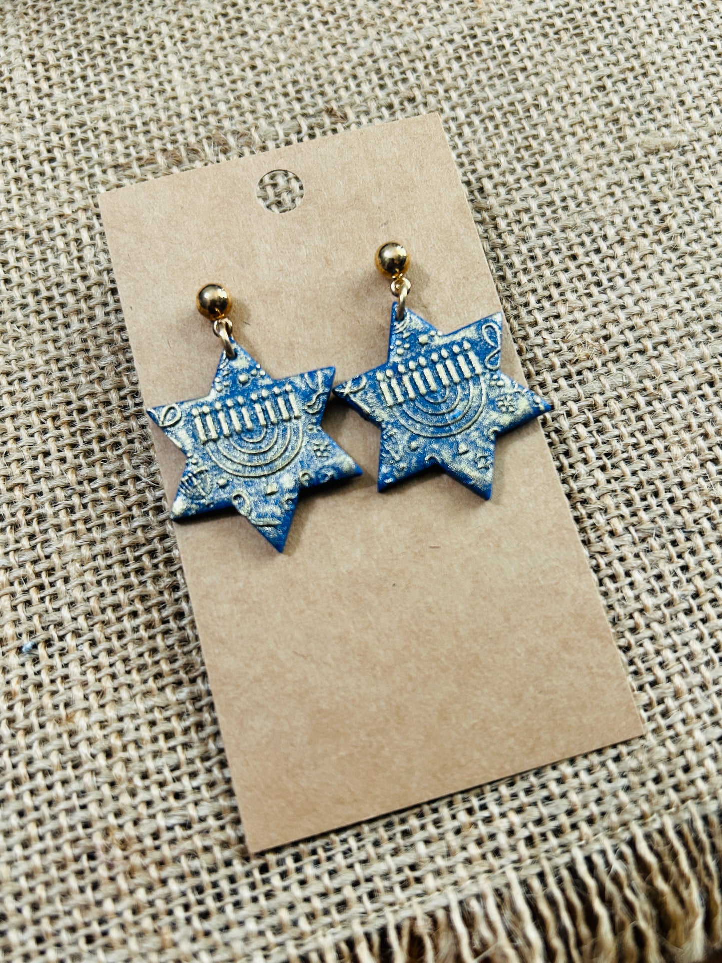 Metallic Blue and Pale Gold Menorah Star Of David Dangle Earrings