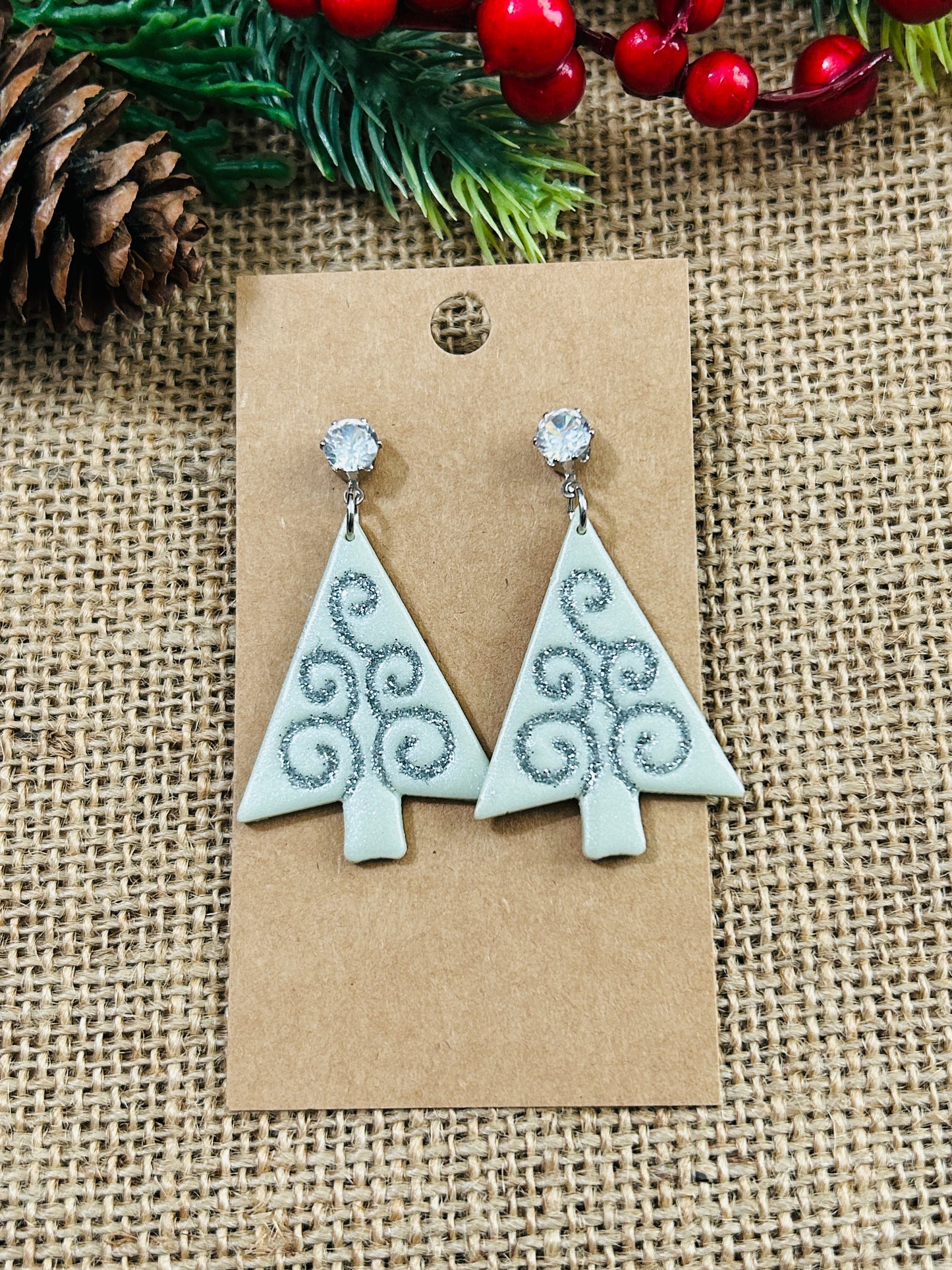 Pale Pearl Green Swirly Christmas Tree With Rhinestone Stud Topper Dangle Earrings