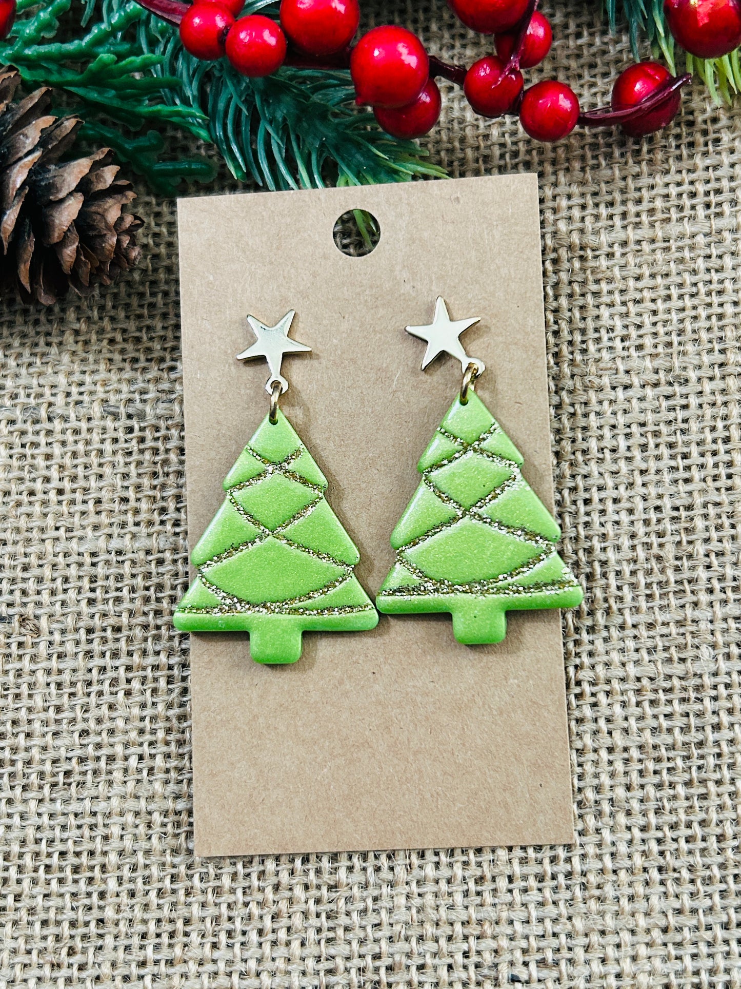 Fancy Green and Gold Christmas Tree With Gold Star Stud Topper Dangle Earrings