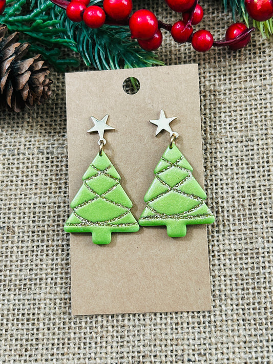 Fancy Green and Gold Christmas Tree With Gold Star Stud Topper Dangle Earrings