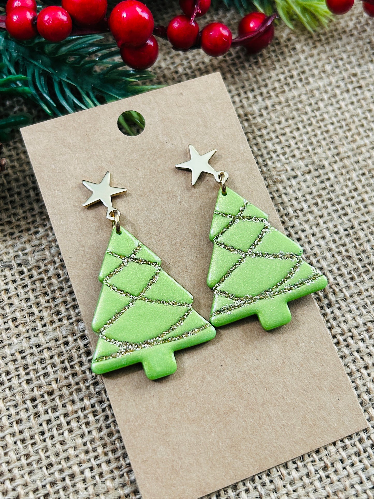 Fancy Green and Gold Christmas Tree With Gold Star Stud Topper Dangle Earrings