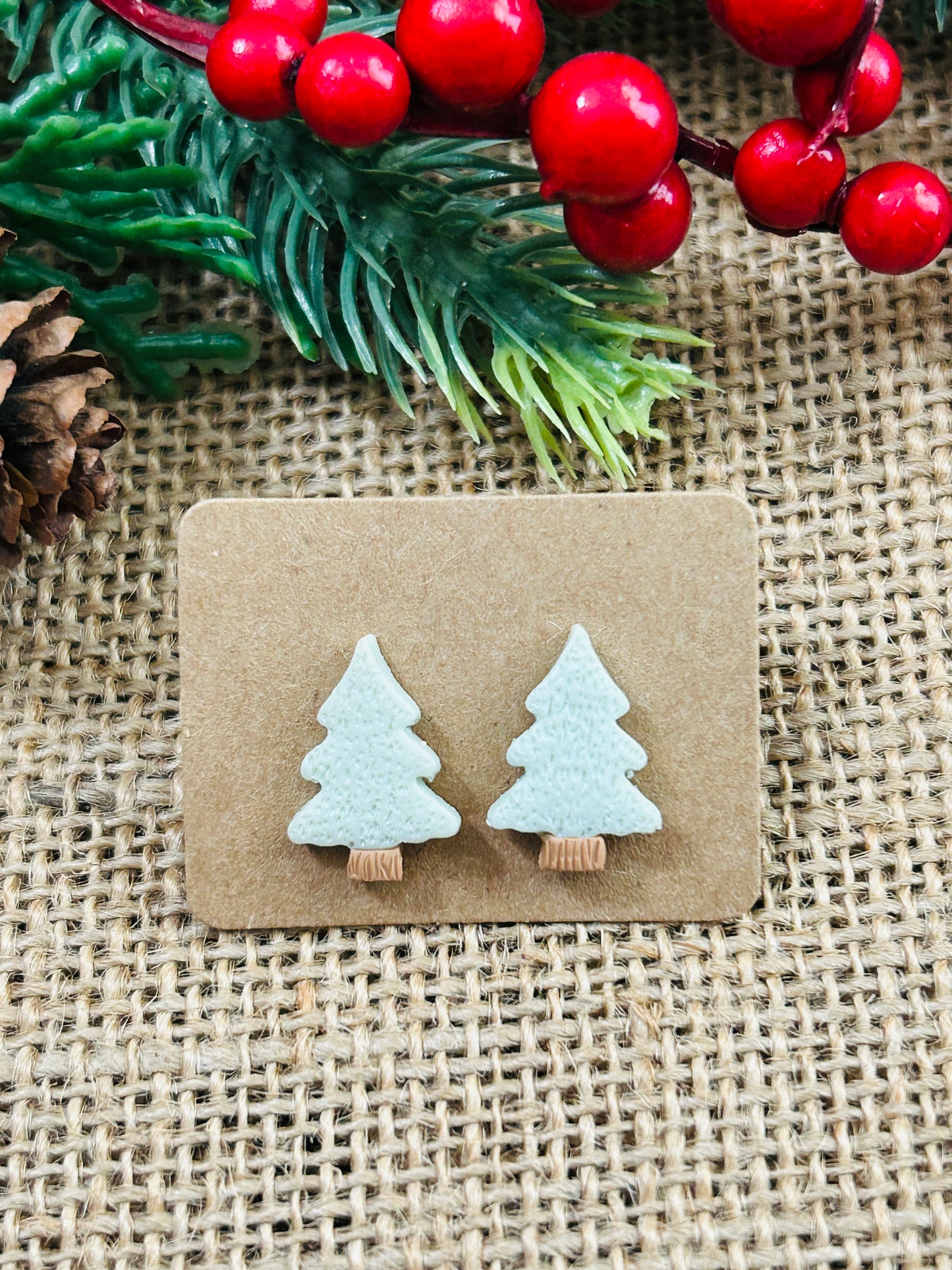 Pale Green Pine Tree Polymer Clay Stud Earrings