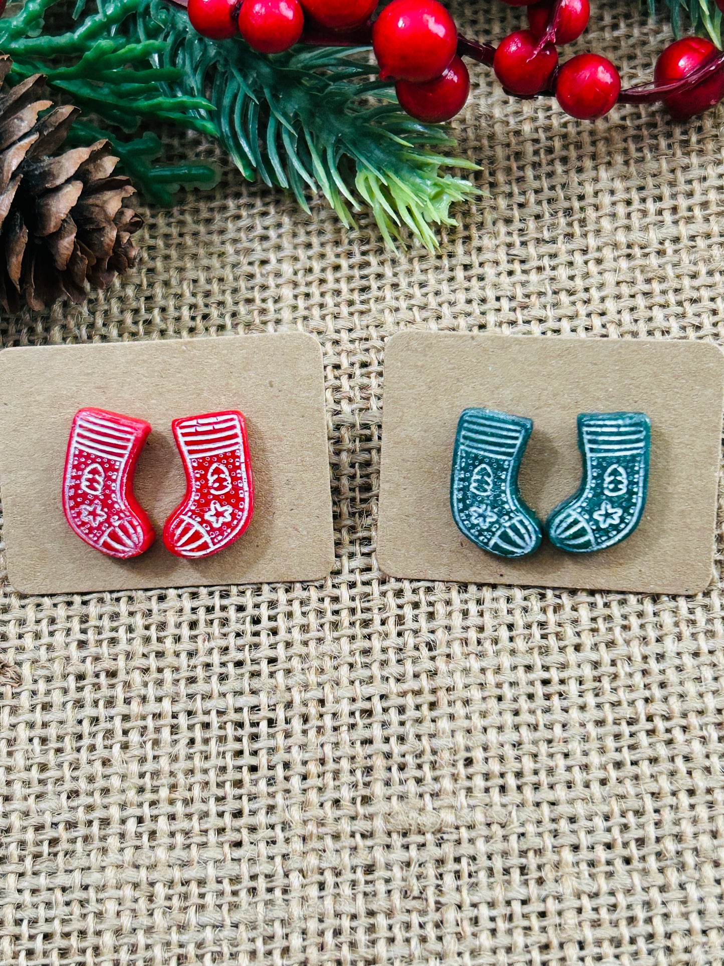 Scandinavian Stocking Polymer Clay Stud Earrings 2 Colors YOU CHOOSE