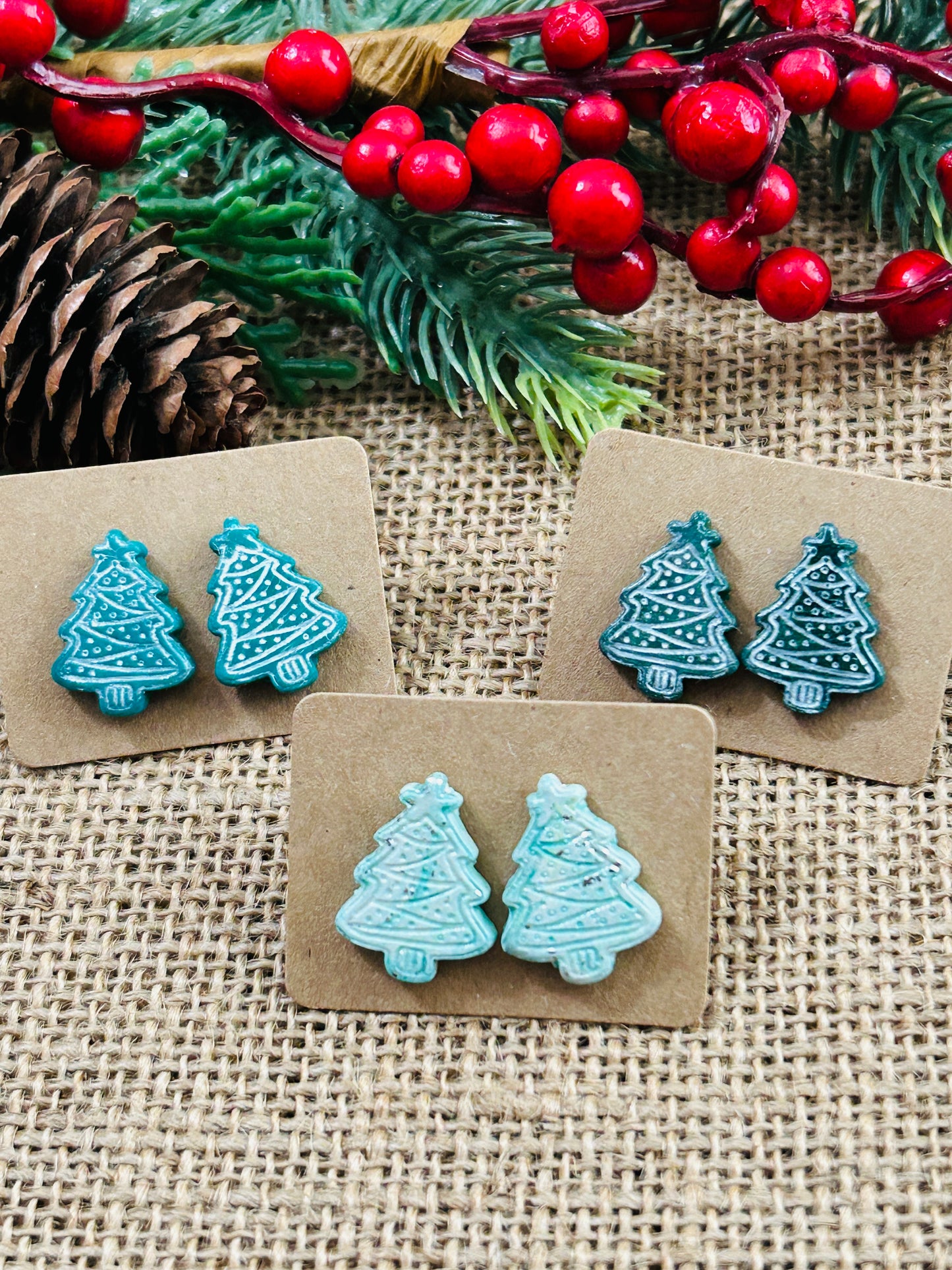 Scandinavian Christmas Tree Polymer Clay Stud Earrings 3 Colors YOU CHOOSE