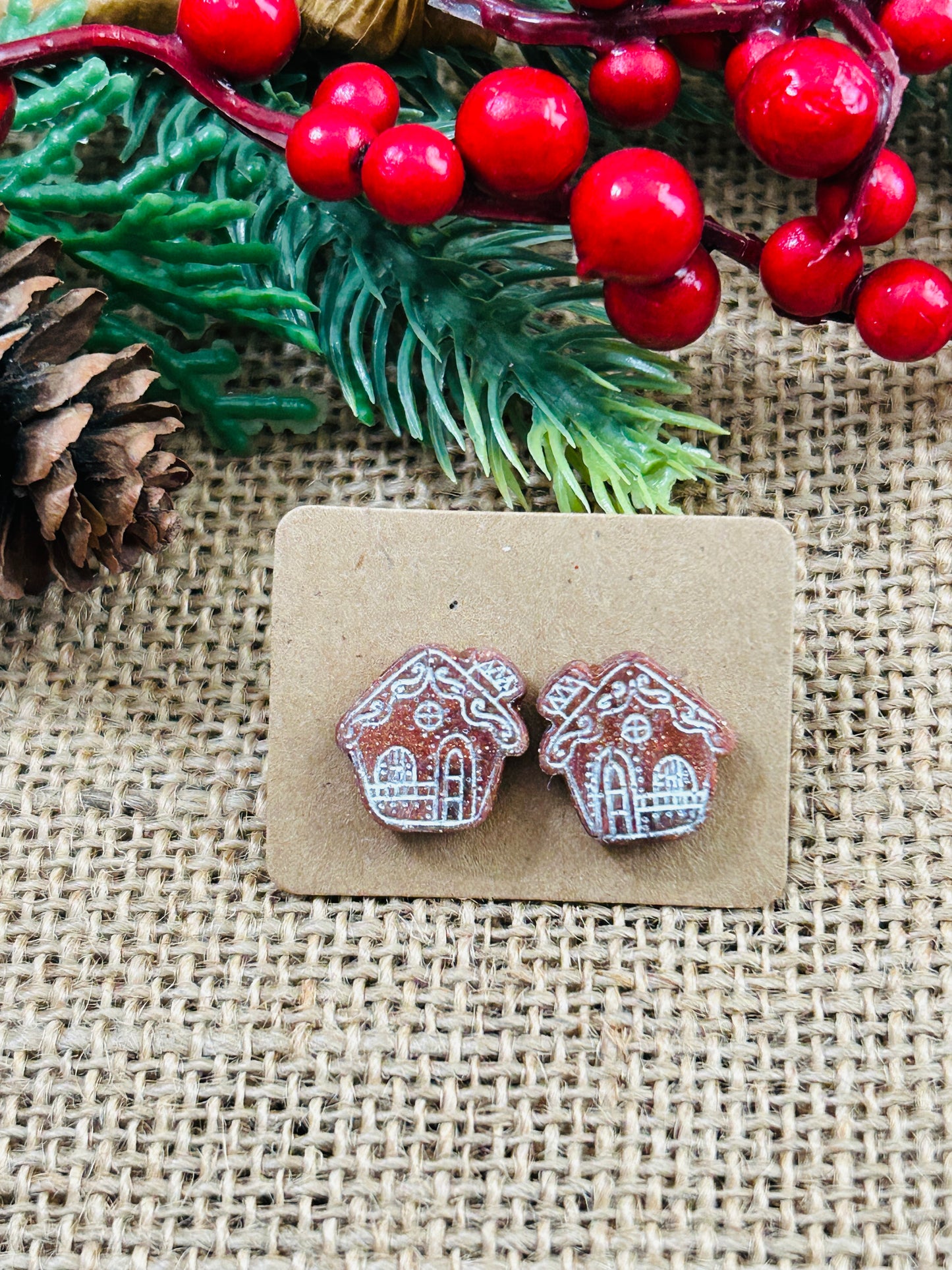 Scandinavian Christmas Gingerbread House Polymer Clay Stud Earrings