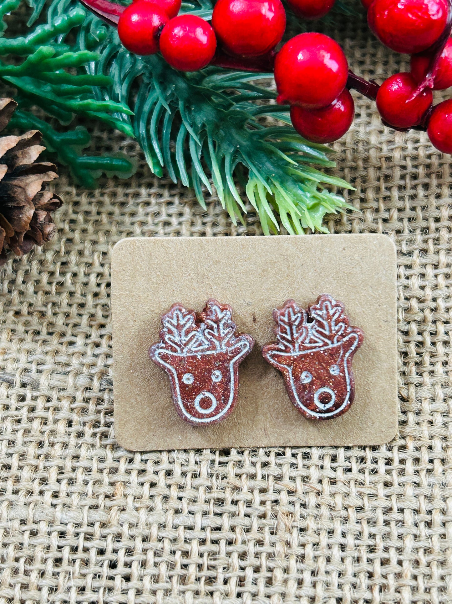 Scandinavian Deer Christmas Reindeer Polymer Clay Stud Earrings