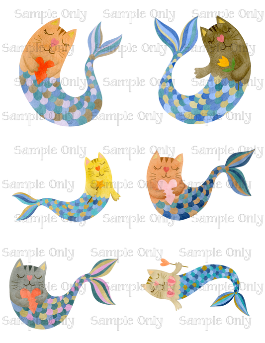 Mermaid Kitty Cats Mercats Image Sheet For Polymer Clay Transfer Decal DIGITAL FILE OR PRINTED