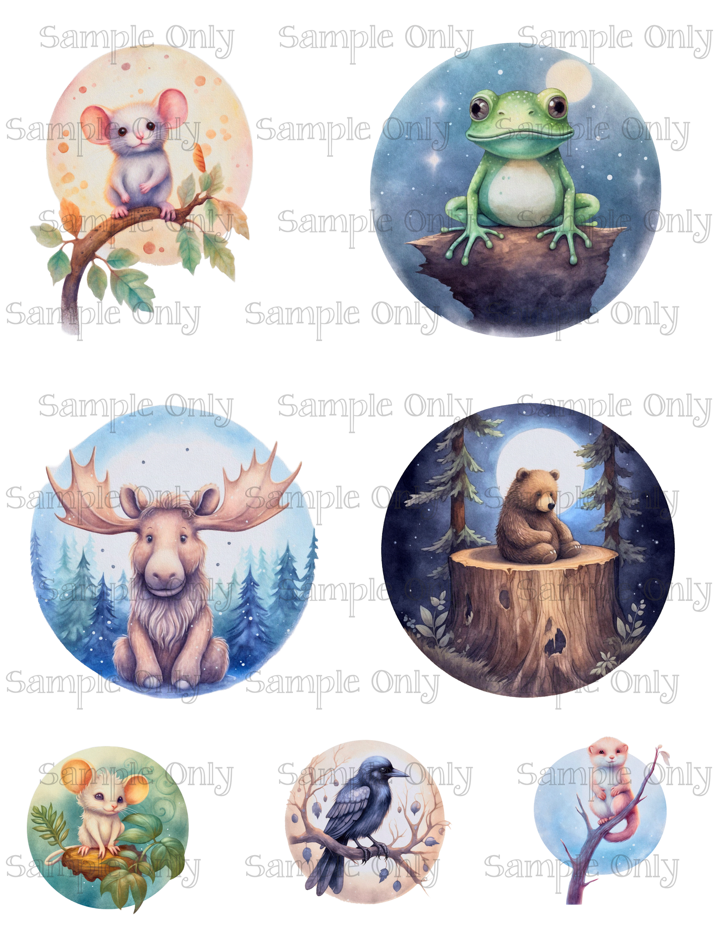 3.5 Inch Animals In The Moonlight Set-02 Image Sheet For Polymer Clay Transfer Decal DIGITAL FILE OR PRINTED