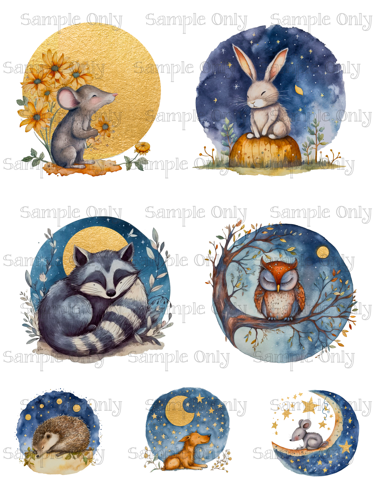 Night Time Animals Set-03 Image Sheet For Polymer Clay Transfer Decal DIGITAL FILE OR PRINTED