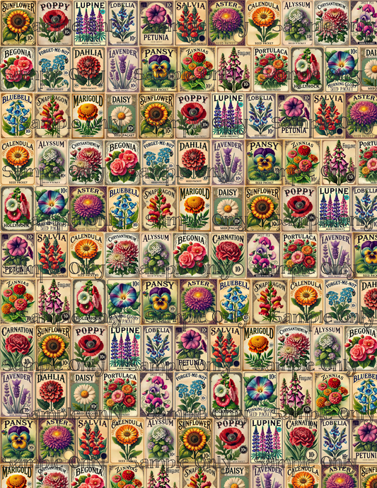 Vintage Flower Seed Packs Gardening Pattern Image Transfer Sheet For Polymer Clay