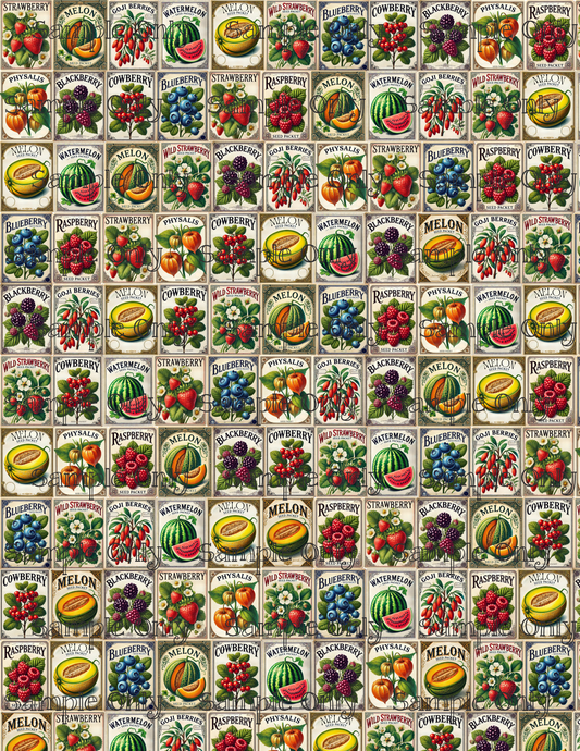Vintage Fruit Seed Packs Gardening Pattern Image Transfer Sheet For Polymer Clay