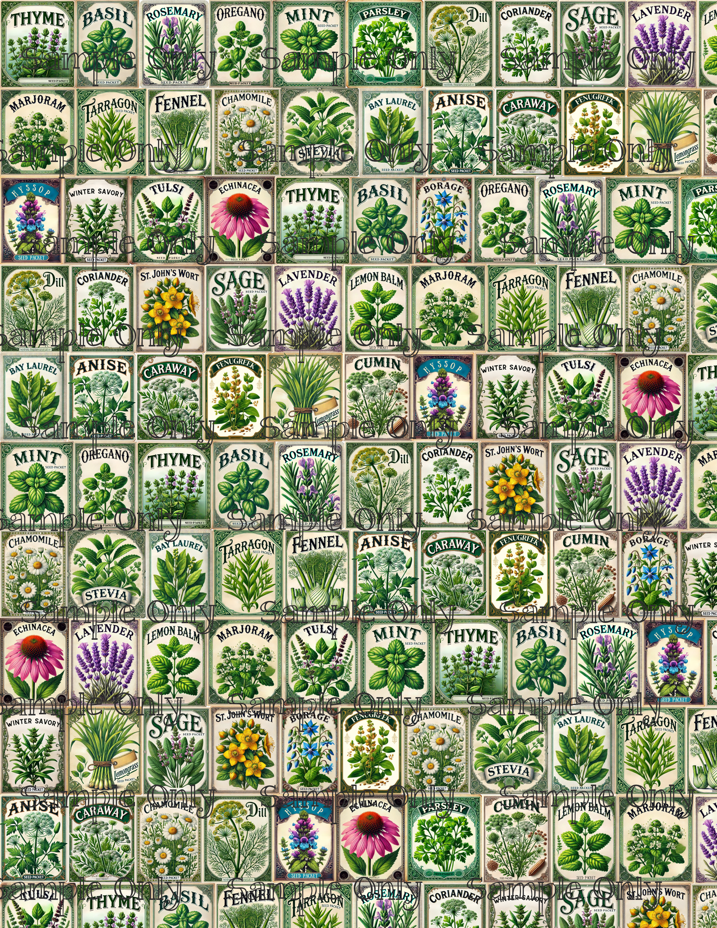 Vintage Herb Seed Packs Gardening Pattern Image Transfer Sheet For Polymer Clay