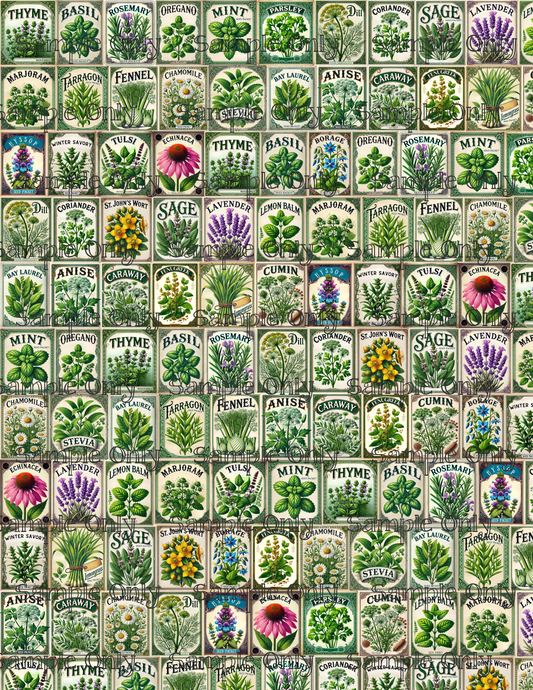 Vintage Herb Seed Packs Gardening Pattern Image Transfer Sheet For Polymer Clay