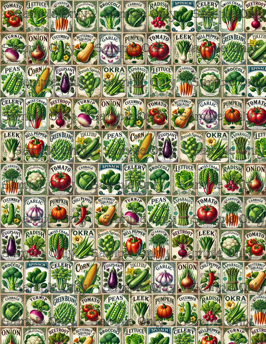 Vintage Vegetable Seed Packs Gardening Pattern Image Transfer Sheet For Polymer Clay