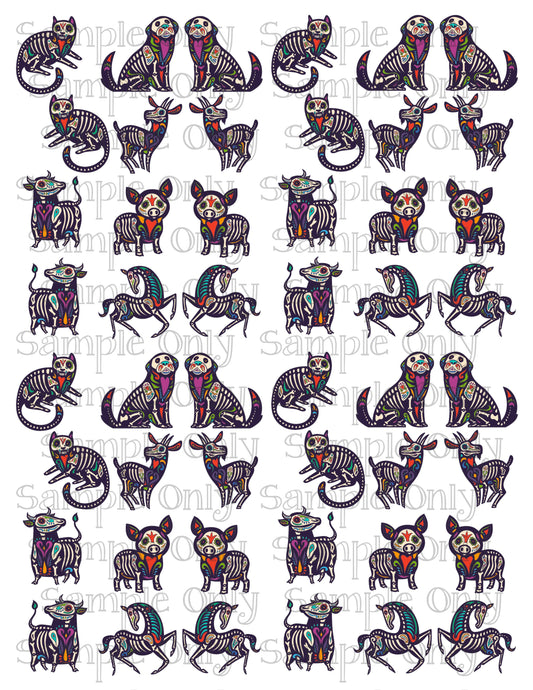 Dia De Los Muertos Sugar Skull Skeleton Animals Set 1 Image Sheet For Polymer Clay Transfer Decal DIGITAL FILE OR PRINTED