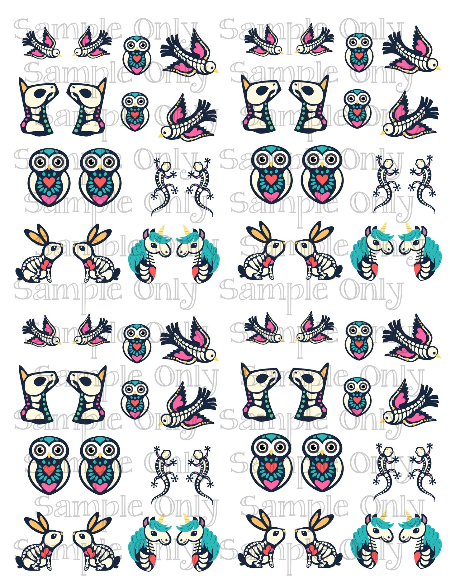 Sugar Skull Owl Lizard Bunny Unicorn Bird Animals Image Sheet For Polymer Clay Transfer Decal DIGITAL FILE OR PRINTED