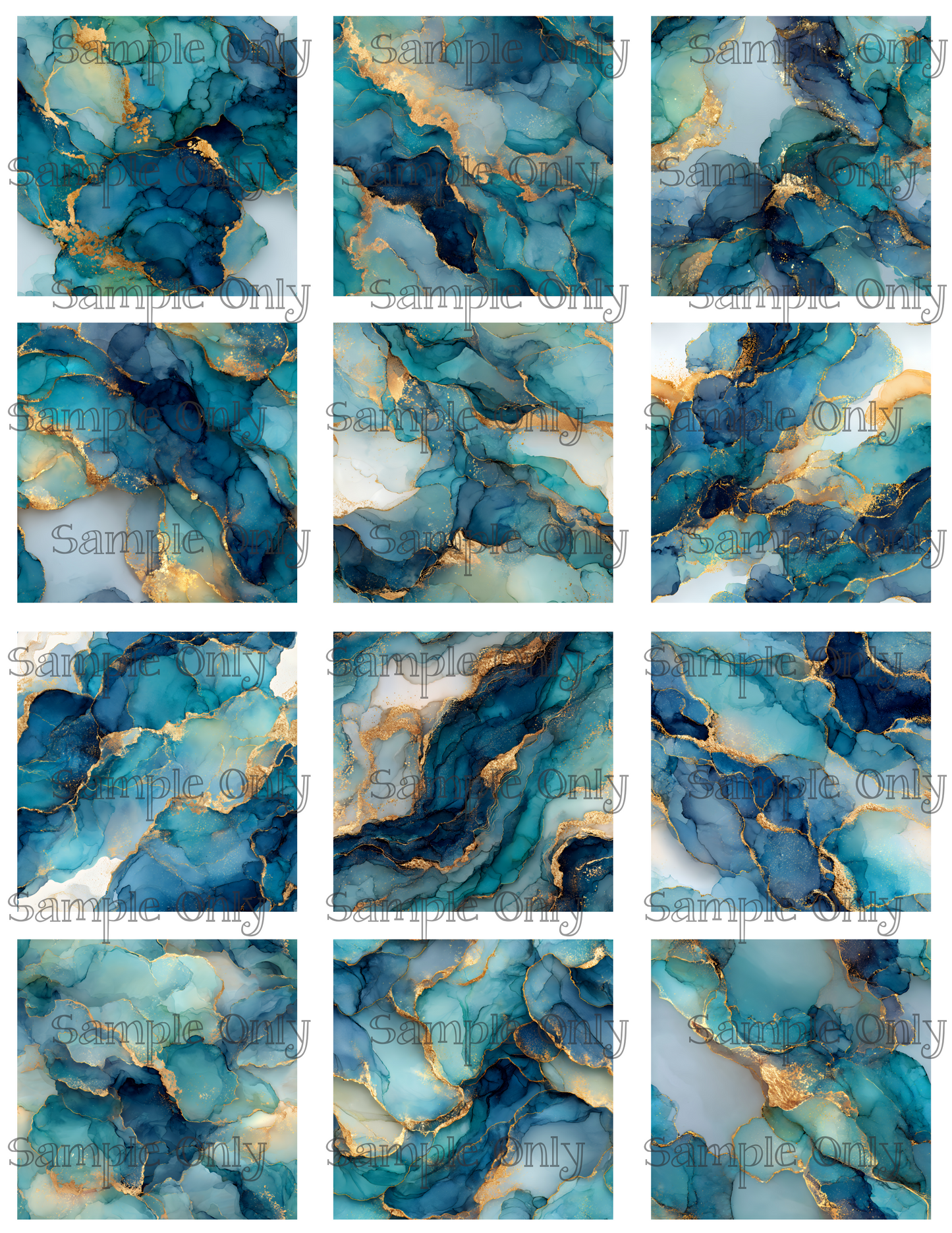 Teal and Gold Faux Ink 2 Inch Image Transfer Sheet For Polymer Clay
