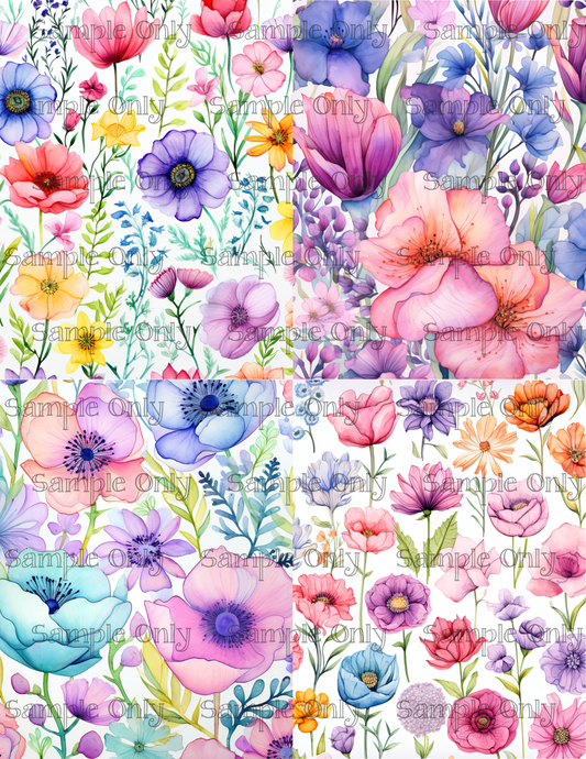 Watercolor Spring Stems Quad 4 Different Floral Pattern Image Transfer Sheet For Polymer Clay