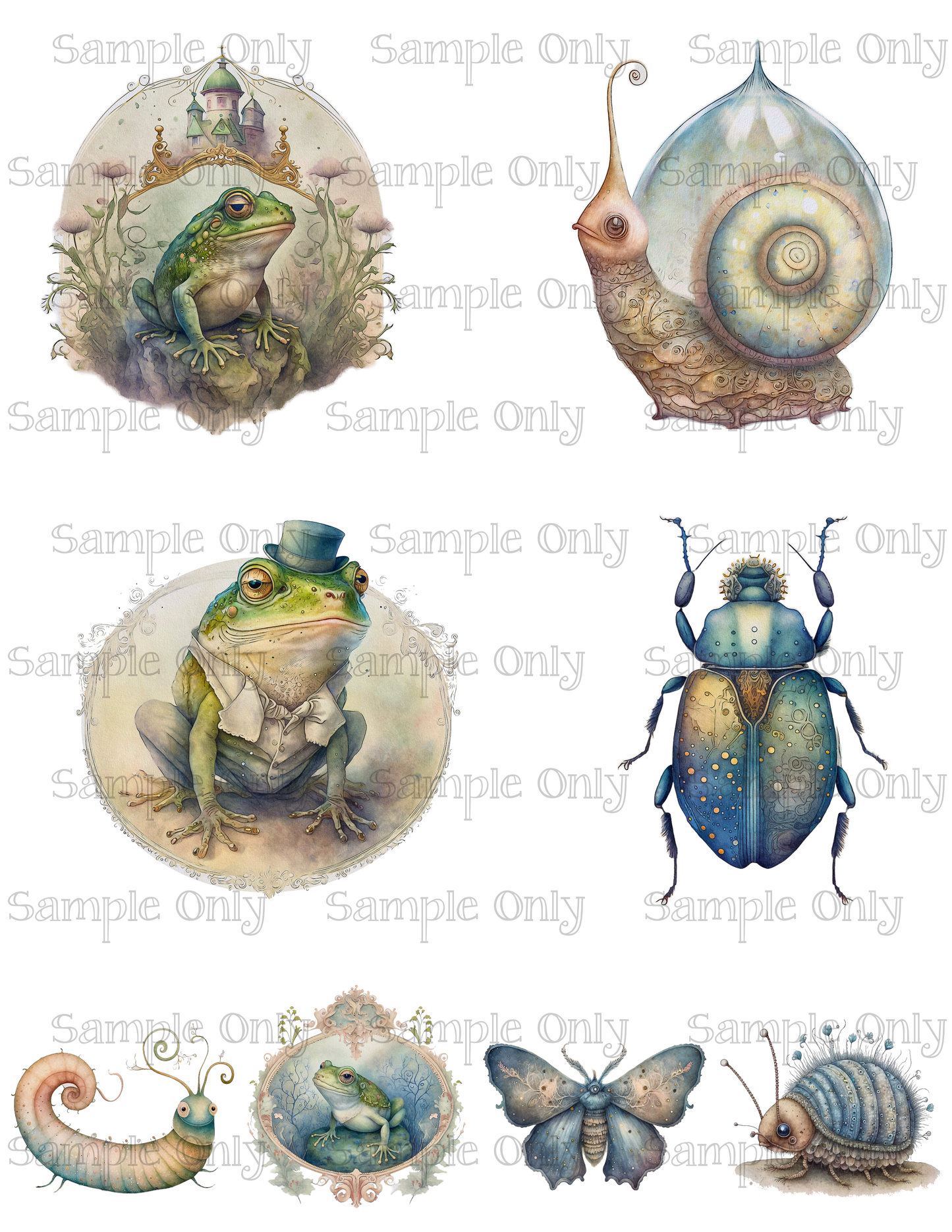 3.5 Inch Whimsical Garden Creatures Animals and Insects Set-02 Image Sheet For Polymer Clay Transfer Decal DIGITAL FILE OR PRINTED