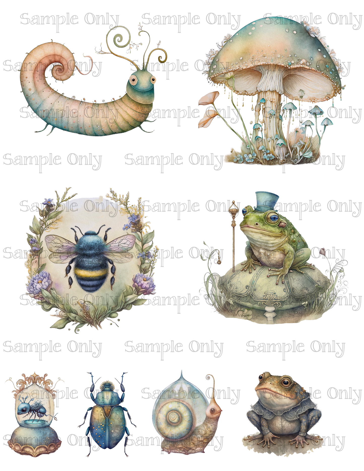 3.5 Inch Whimsical Garden Creatures Animals and Insects Set-03 Image Sheet For Polymer Clay Transfer Decal DIGITAL FILE OR PRINTED