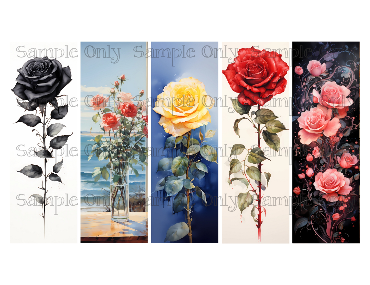 Rose Floral Bookmark Set 01 Printed Water Soluble Image Transfer Sheet For Polymer Clay